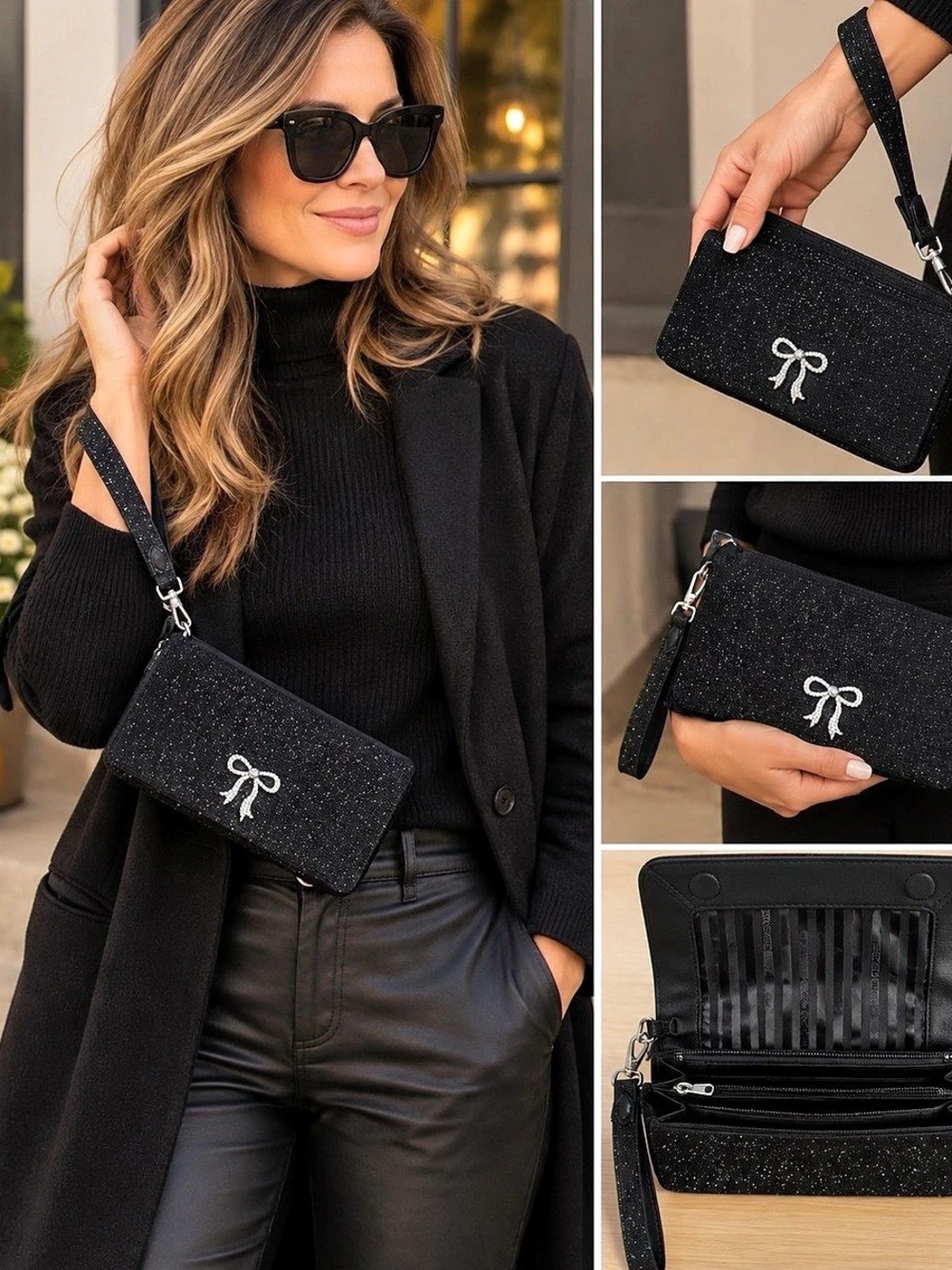 Victoria Secret Black Glitter Wristlet Clutch NWT